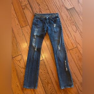 Bebe bootcut jeans with distressed details and rhinestone waistband z/28
